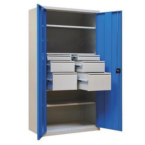 Kovová dílenská skříň, 195 x 95 x 50 cm, 2 police, 6 zásuvek