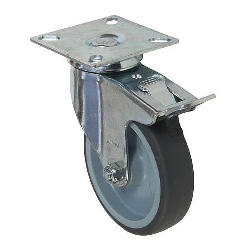 Gumové přístrojové kolo s přírubou, průměr 100 mm, otočné s brzdou, kluzné ložisko