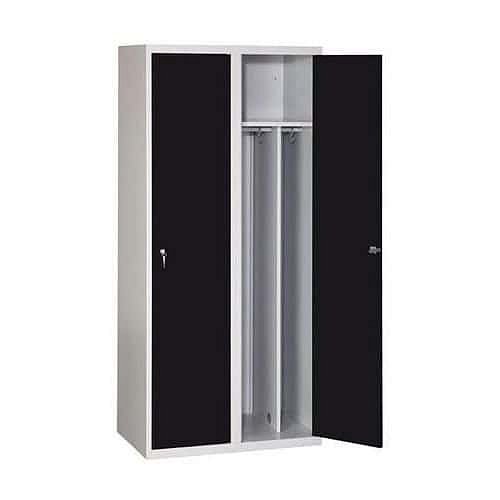 Svařovaná šatní skříň s mezistěnou Drake odlehčená, 2 oddíly, otočný uzávěr, šedá/černá