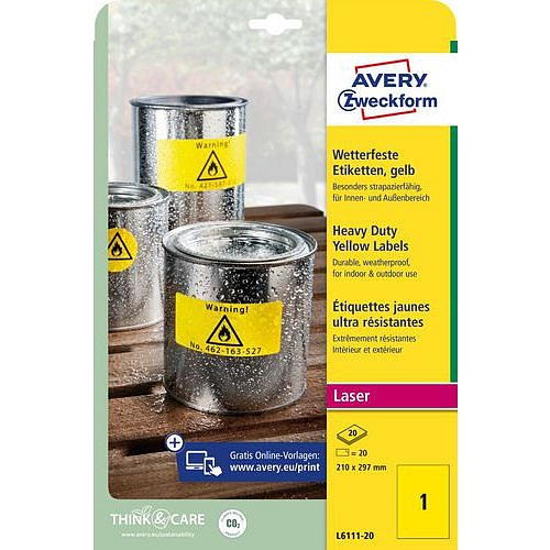 Samolepicí etikety Avery Zweckform, matné, žluté, 210 x 297 mm