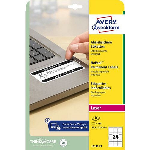 Samolepicí etikety Avery Zweckform s ochranou proti manipulaci, matné, bílé, 63,5 x33,9 mm