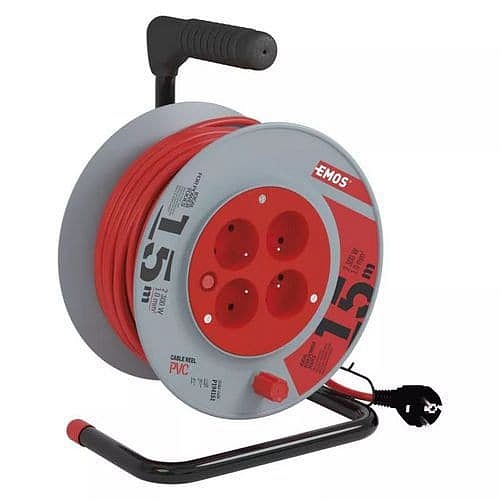 Prodlužovací kabel na bubnu Emos, červený, PVC, 4 zásuvky, 15 m
