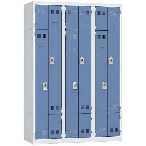 Svařovaná šatní skříň Vinco, dveře Z, 6 oddílů, otočný uzávěr, šedá/modrá