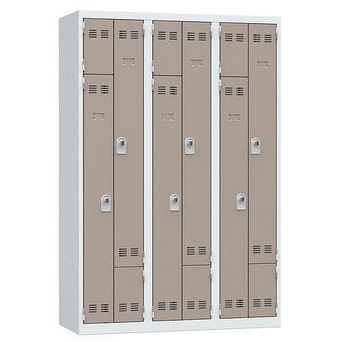 Svařovaná šatní skříň Vinco, dveře Z, 6 oddílů, otočný uzávěr, šedá/hnědá