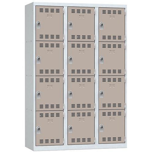 Svařovaná šatní skříň Vinco, 3 sloupce, 12 boxů, 400 mm, otočný uzávěr, šedá/hnědá