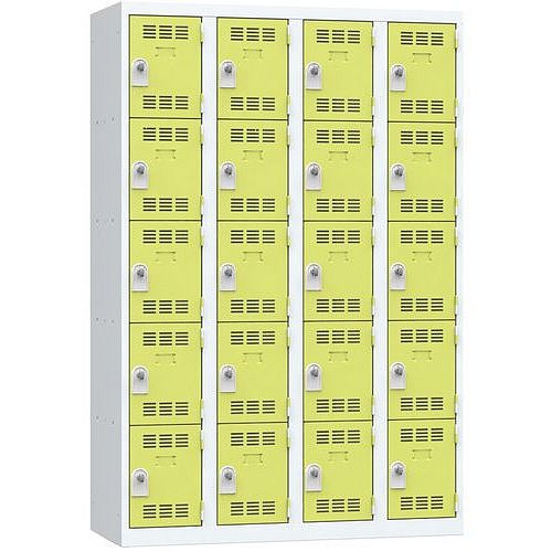 Svařovaná šatní skříň Vinco, 4 sloupce, 20 boxů, 300 mm, otočný uzávěr, šedá/zelená