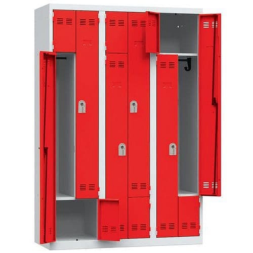 Svařovaná šatní skříň Vinco, dveře Z, 6 oddílů, cylindrický zámek, šedá/červená