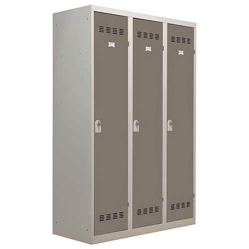 Svařovaná šatní skříň Vinco s mezistěnou, 3 oddíly, 400 mm, otočný uzávěr, šedá/hnědá