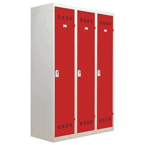 Svařovaná šatní skříň Vinco s mezistěnou, 3 oddíly, 400 mm, otočný uzávěr, šedá/červená