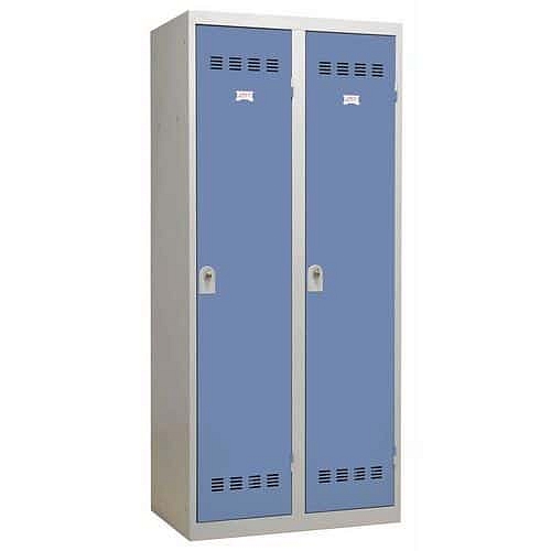 Svařovaná šatní skříň Vinco s mezistěnou, 2 oddíly, 400 mm, otočný uzávěr, šedá/modrá