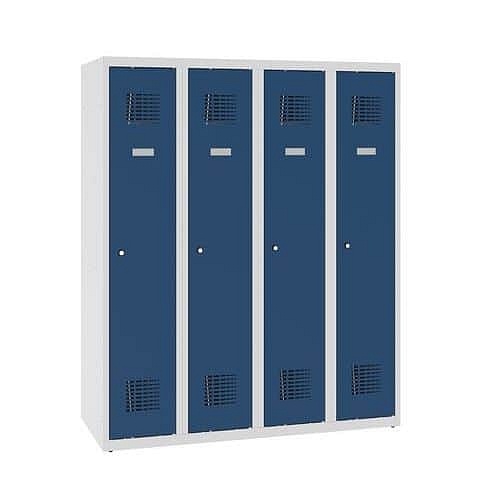 Snížená školní šatní skříň, 4 sloupce, 300 mm, šedá/tmavě modrá, tříbodový cylindrický zámek