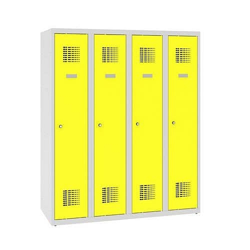 Snížená školní šatní skříň, 4 sloupce, 300 mm, šedá/žlutá, tříbodový cylindrický zámek