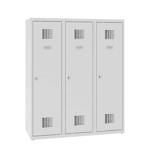 Snížená školní šatní skříň, 3 sloupce, 400 mm, šedá/šedá, tříbodový cylindrický zámek