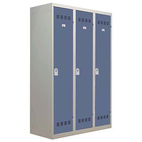 Svařovaná šatní skříň Vinco s mezistěnou, 3 oddíly, 400 mm, cylindrický zámek, šedá/modrá