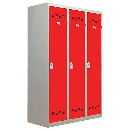 Svařovaná šatní skříň Vinco s mezistěnou, 3 oddíly, 400 mm, cylindrický zámek, šedá/červená