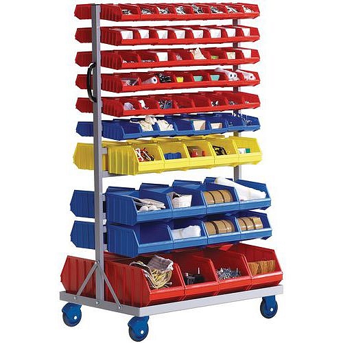 Mobilní oboustranný regál s boxy Matador, 130 ks