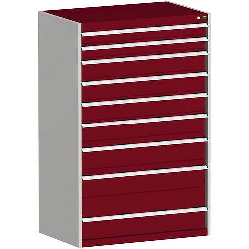 Dílenská zásuvková skříň Bott Cubio, 160 x 105 x 65 cm, 9 zásuvek, šedá-červená