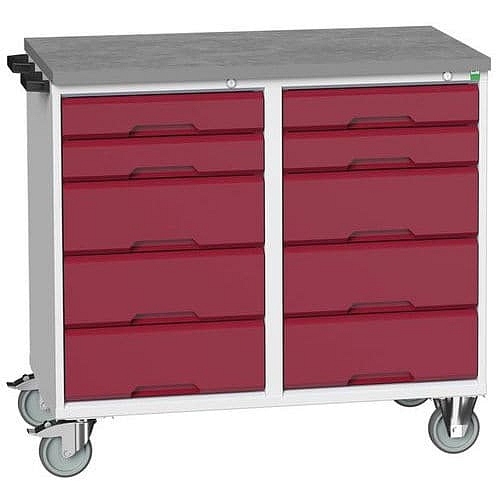 Údržový zásuvkový vozík Bott Verso, 98 x 105 x 60 cm, 10 zásuvek, linoleum, šedá-červená