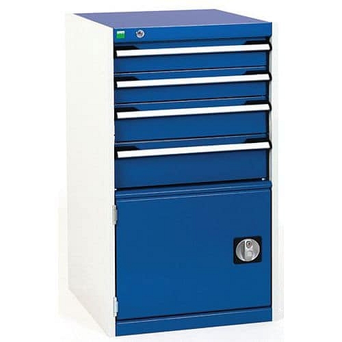 Dílenská zásuvková skříň Bott Cubio, 100 x 52,5 x 65 cm, 4 zásuvky, 1 skříňka, šedá-modrá