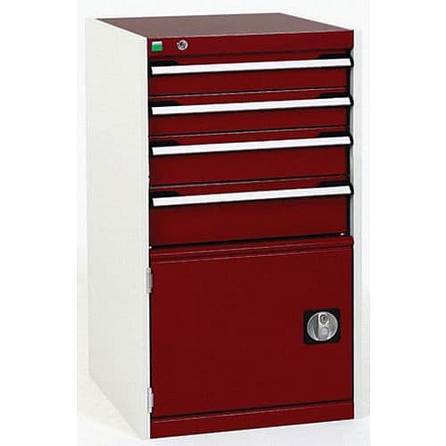 Dílenská zásuvková skříň Bott Cubio, 100 x 52,5 x 65 cm, 4 zásuvky, 1 skříňka, šedá-červená