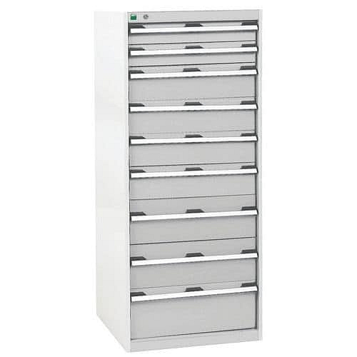 Dílenská zásuvková skříň Bott Cubio, 160 x 65 x 65 cm, 9 zásuvek, šedá-šedá