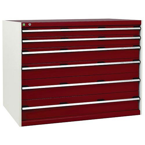 Dílenská zásuvková skříň Bott Cubio, 100 x 130 x 75 cm, 6 zásuvek, šedá-červená