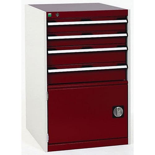 Dílenská zásuvková skříň Bott Cubio, 100 x 65 x 75 cm, 4 zásuvky, 1 skříňka, šedá-červená