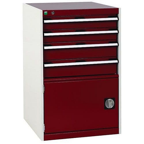 Dílenská zásuvková skříň Bott Cubio, 100 x 65 x 65 cm, 4 zásuvky, 1 skříňka, šedá-červená