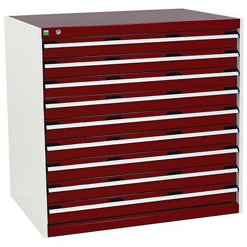 Dílenská zásuvková skříň Bott Cubio, 100 x 105 x 75 cm, 9 zásuvek, šedá-červená