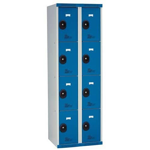 Svařovaná šatní skříň Acial, 2 sloupce, 8 boxů, 300 mm, cylindrický zámek, šedá/modrá