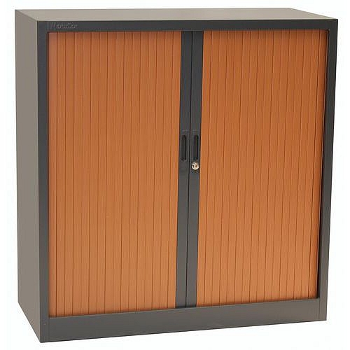 Kovová spisová skříň s roletou Manutan Expert, 2 police, 105 x 100 x 45,7 cm, antracit/třešeň