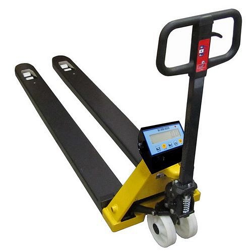 Paletový vozík s dlouhými vidlicemi a váhou, do 2000 kg, nylonová řídicí kola, s EU ověřením