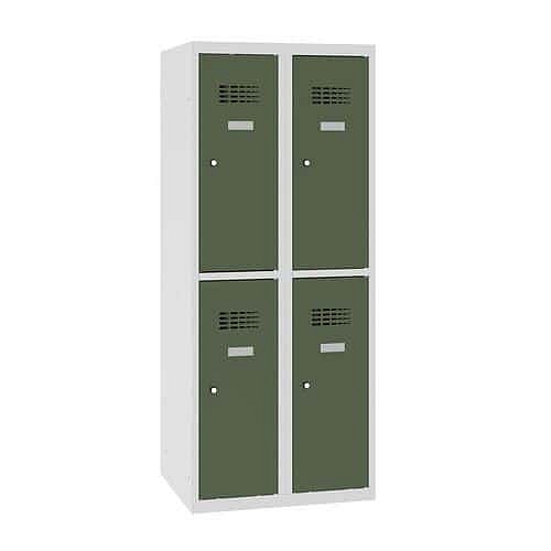 Snížená školní šatní skříň, 4 oddíly, 300 mm, šedá/zelená, cylindrický zámek