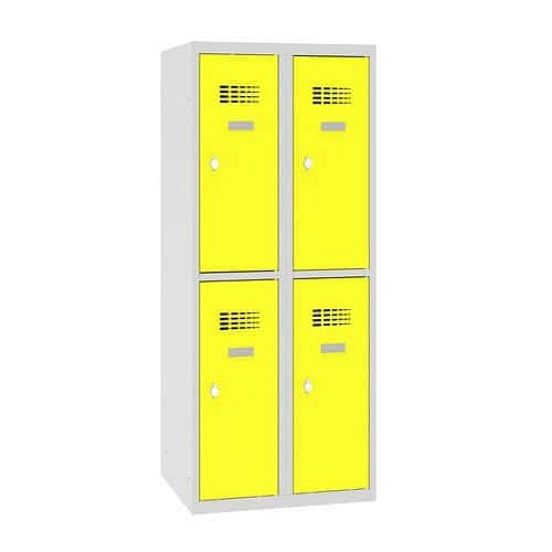 Snížená školní šatní skříň, 4 oddíly, 300 mm, šedá/žlutá, otočný uzávěr