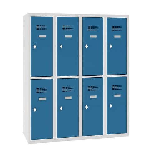 Snížená školní šatní skříň, 8 oddílů, 300 mm, šedá/modrá, otočný uzávěr