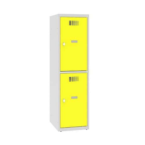 Snížená školní šatní skříň, 2 oddíly, 400 mm, šedá/žlutá, otočný uzávěr