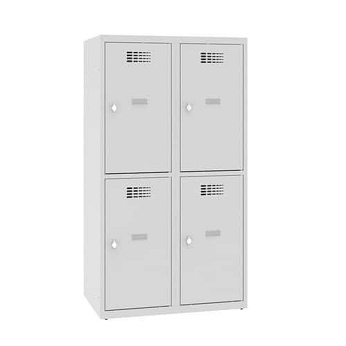 Snížená školní šatní skříň, 4 oddíly, 400 mm, šedá/šedá, otočný uzávěr