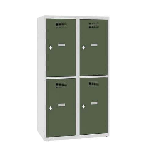 Snížená školní šatní skříň, 4 oddíly, 400 mm, šedá/zelená, otočný uzávěr