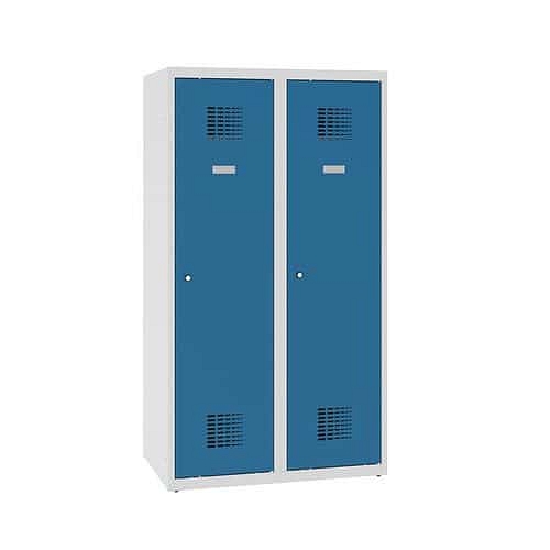 Snížená školní šatní skříň, 2 sloupce, 400 mm, šedá/modrá, cylindrický zámek