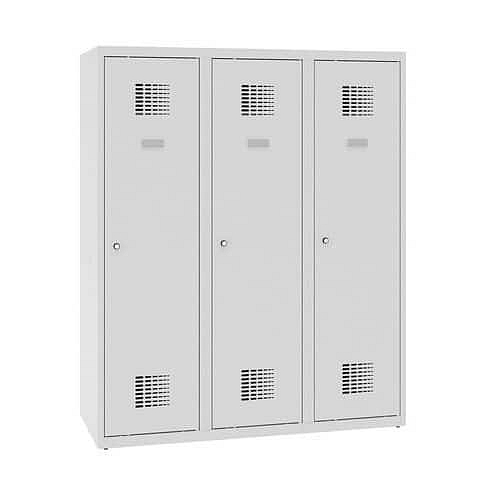 Snížená školní šatní skříň, 3 sloupce, 400 mm, šedá/šedá, cylindrický zámek