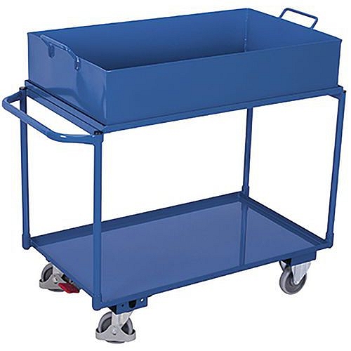 Policový vozík s vanou, 2 kovové police s vyvýšenou hranou, do 250 kg, 117 x 61 x 84,5 cm, modrý