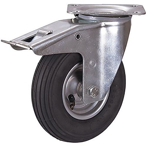 Nafukovací pojezdové kolo s přírubou, 200 x 50 mm, válečkové ložisko, otočné s brzdou