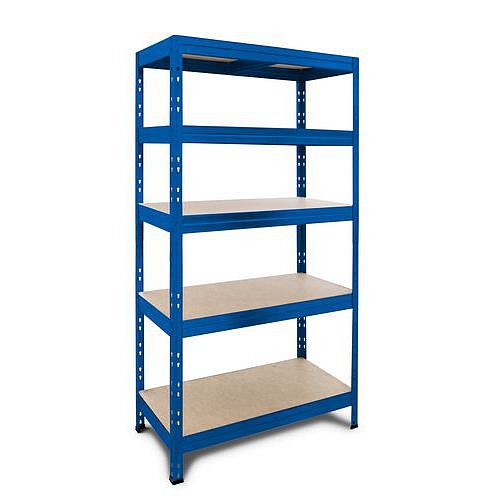 Kovový regál Manutan Expert Rapid 3, 180 x 90 x 45 cm, 250 kg/police, 5 dřevovláknitých HDF polic, modrý