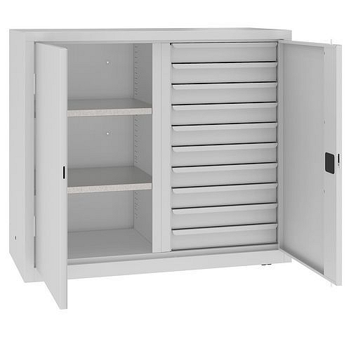 Kovová dílenská skříň na nářadí se zásuvkami, 104 x 120 x 50 cm, 10 zásuvek, šedá/šedá