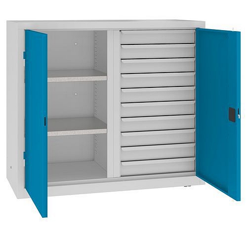 Kovová dílenská skříň na nářadí se zásuvkami, 104 x 120 x 50 cm, 10 zásuvek, šedá/sv. modrá