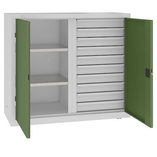 Kovová dílenská skříň na nářadí se zásuvkami, 104 x 120 x 50 cm, 10 zásuvek, šedá/zelená