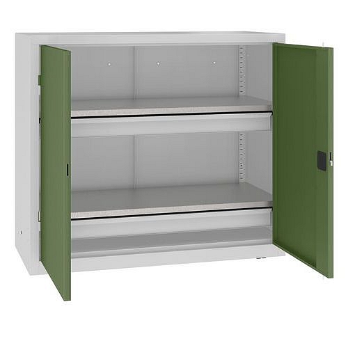 Kovová dílenská skříň, 104 x 120 x 50 cm, 2 zásuvky, šedá/zelená