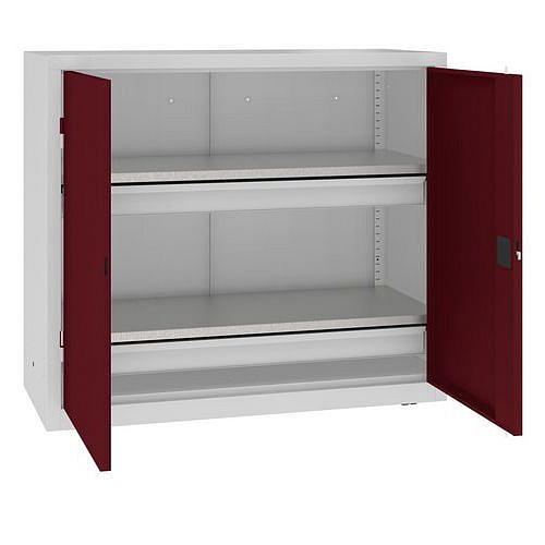 Kovová dílenská skříň, 104 x 120 x 50 cm, 2 zásuvky, šedá/tm. červená