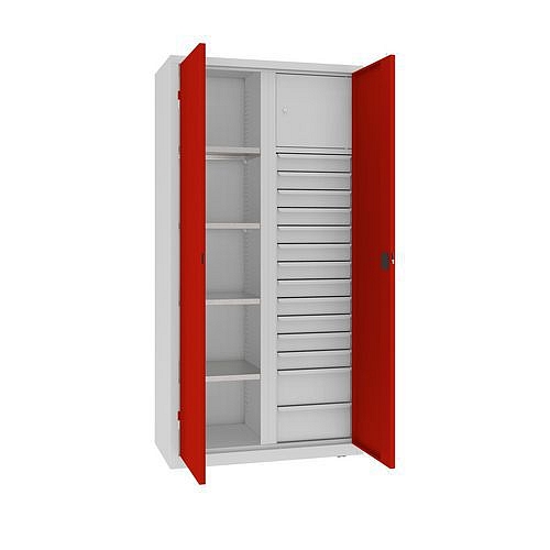 Kovová dílenská skříň na nářadí se zásuvkami, 199 x 100 x 50 cm, 14 zásuvek, šedá/červená