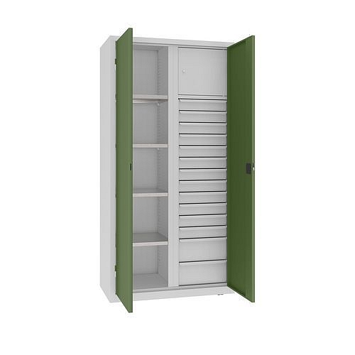 Kovová dílenská skříň na nářadí se zásuvkami, 199 x 100 x 50 cm, 14 zásuvek, šedá/zelená